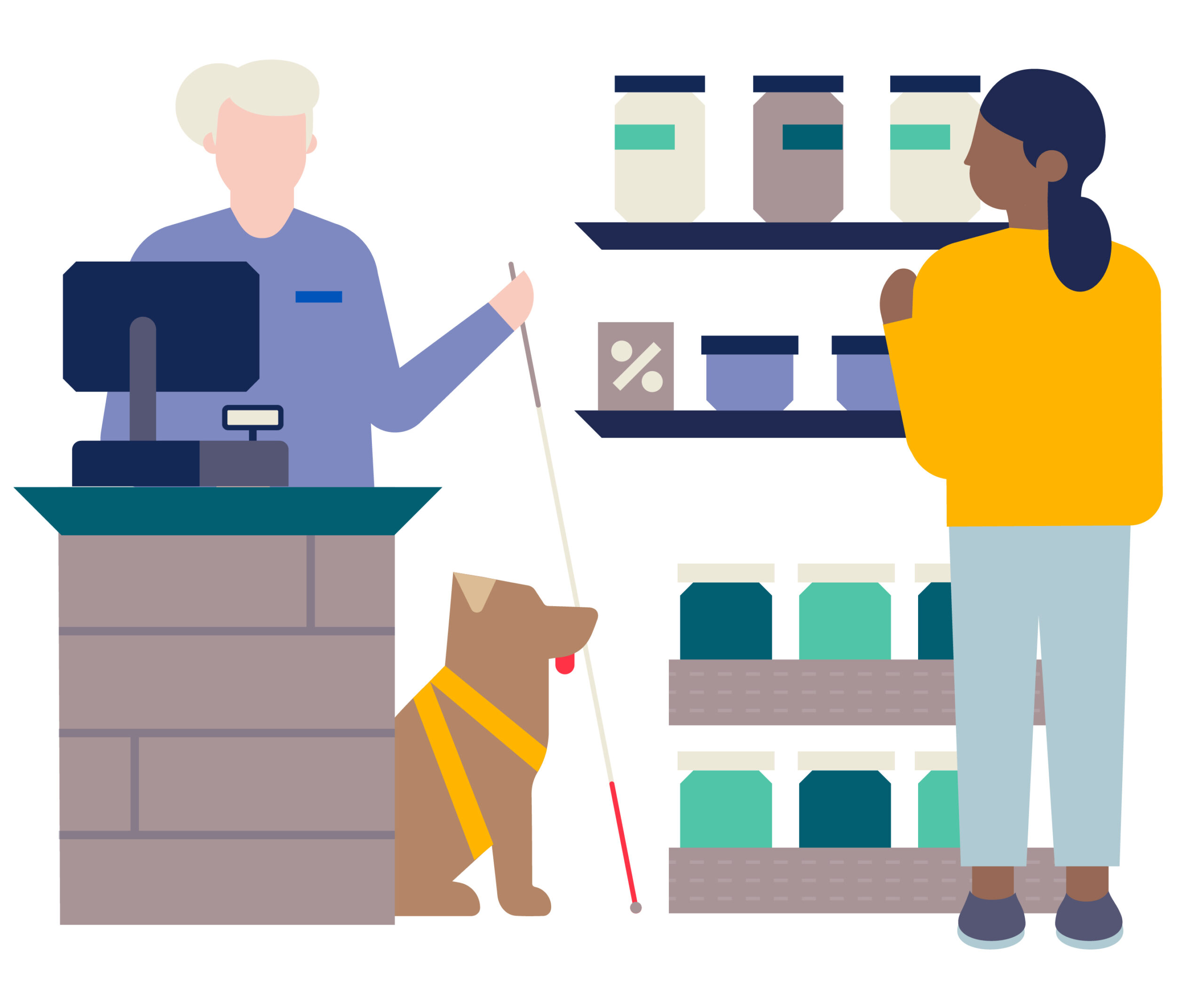 BBB_SUL_Illustrations_Round_3_RGB_v2_Guidedog-2-scaled-1 illustration of a shop worker with a white cane and guide dog